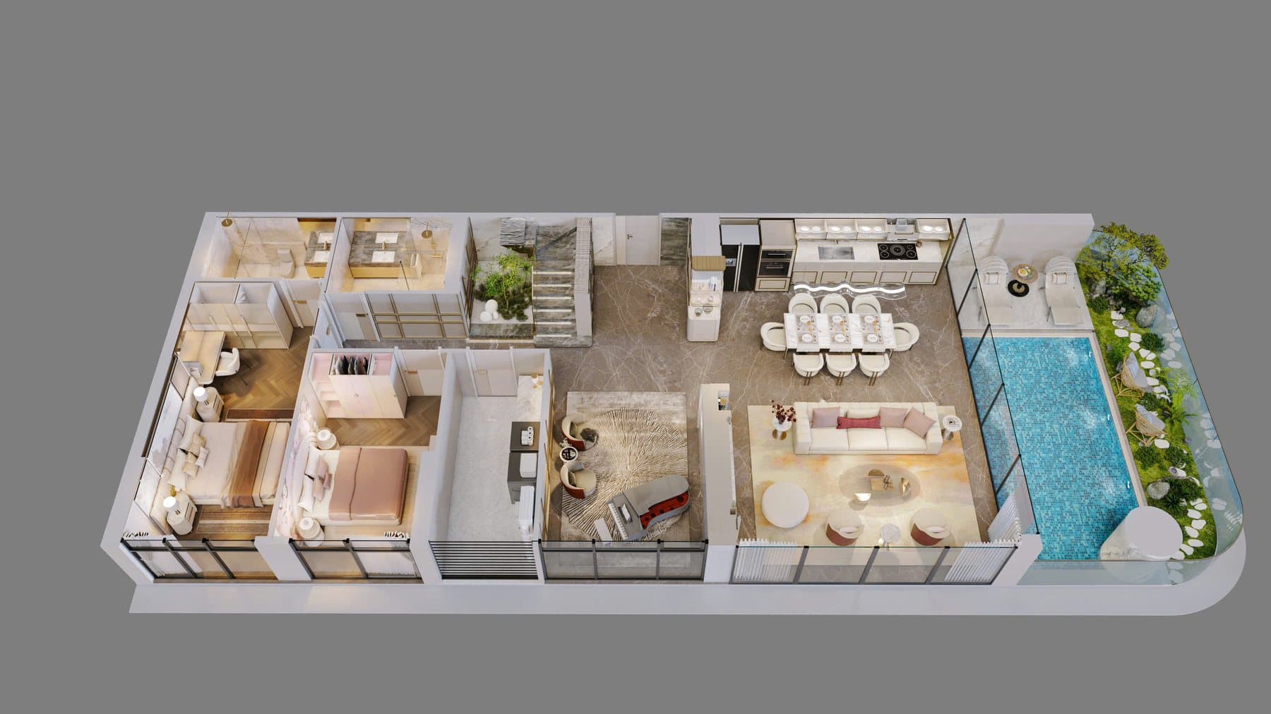 Phối cảnh 3D Duplex Mẫu 1 Tầng 1 — Duplex Rivea Hà Nội