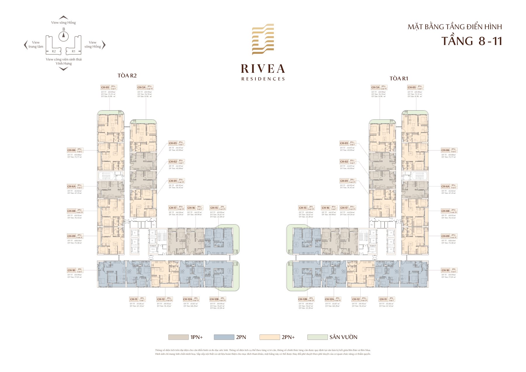 Mặt bằng tầng điển hình 8-11 Rivea Residences — 17 căn mỗi tầng mỗi tòa R1, R2