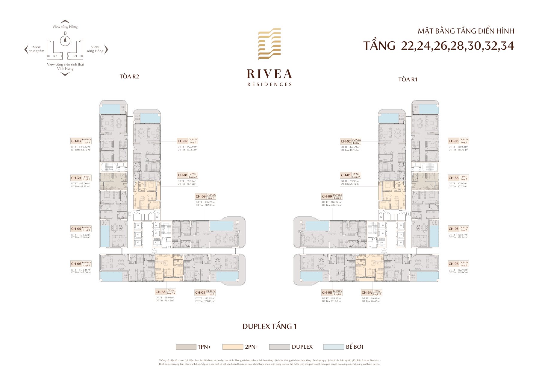 Mặt bằng Duplex Rivea Hà Nội tầng chẵn 22-34 — 6 căn Duplex và 3 căn hộ mỗi tòa